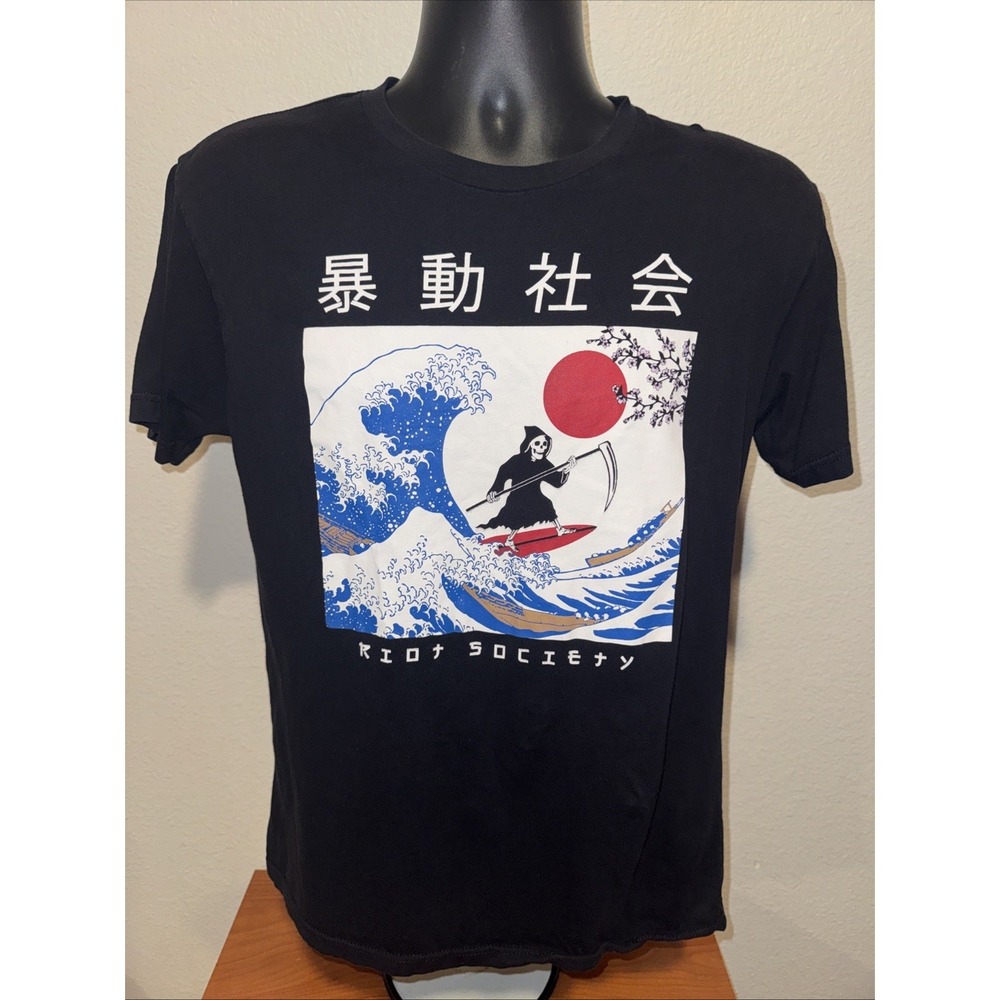 Riot Society Grim Reaper Surfing Kanagawa Wave Y2K T-Shirt Medium Black Japanese